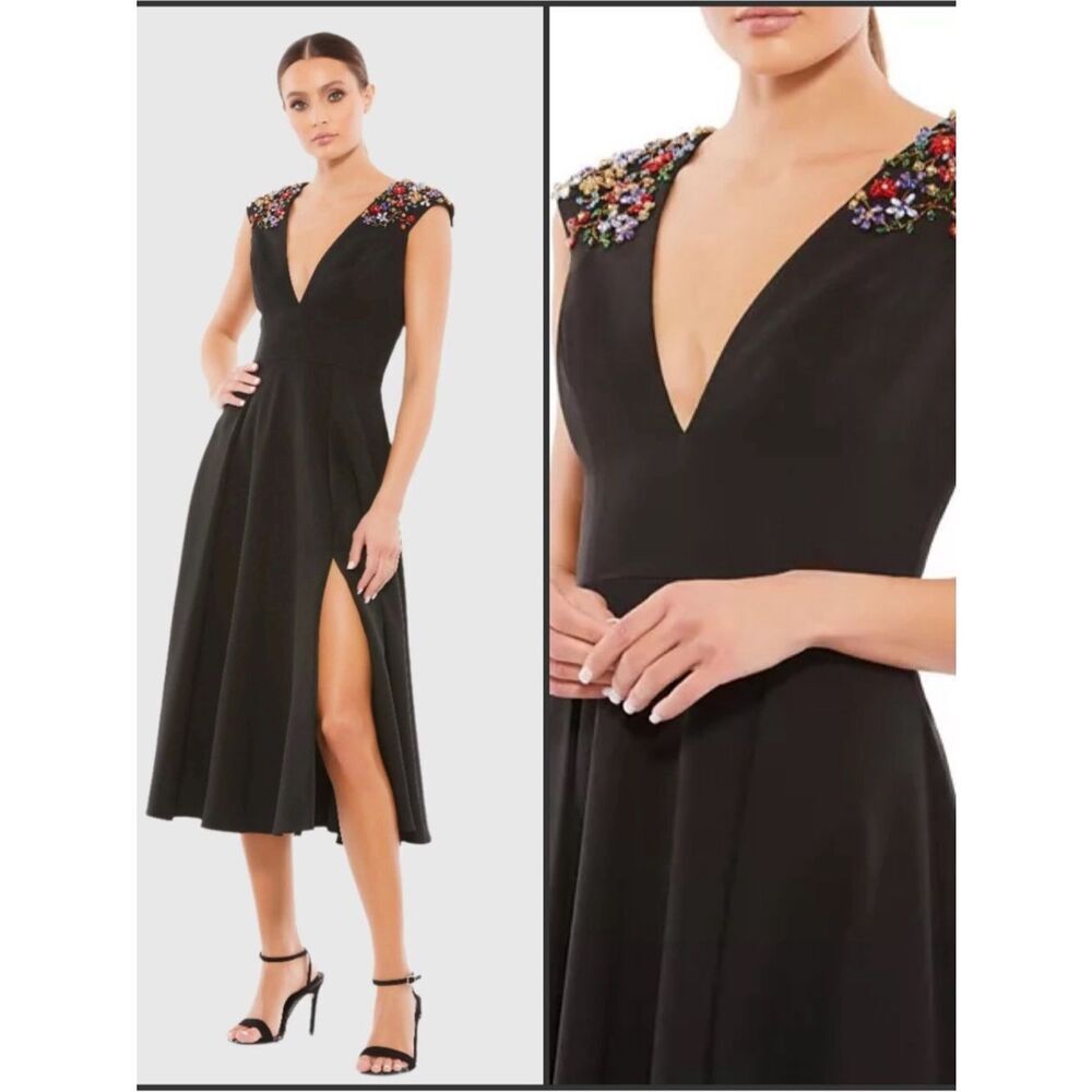 NWT Mac Duggal 70214 Black Beaded Cap Sleeve A Line Midi Dress Size 2